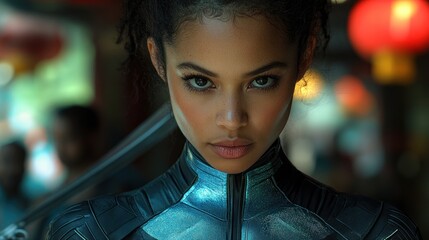 Close-up portrait of a serious young woman in futuristic clothing.
