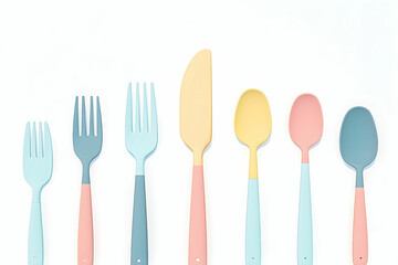 Colorful Cutlery Set in Pastel Shades Displayed on a White Background for Stylish Dining and Kitchen Decor