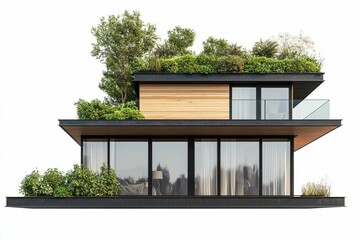 Modern two-story house, rooftop garden, large windows.