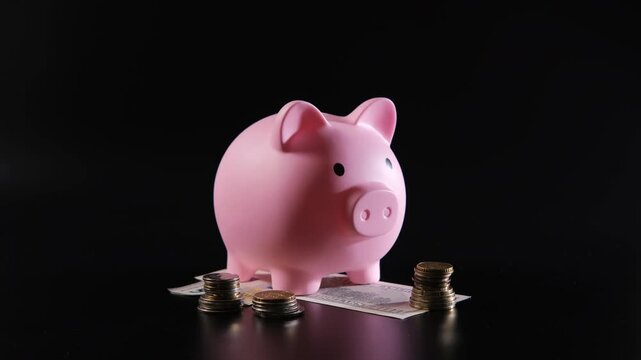 A male hand carefully places a banknote into a pink piggy bank. Surrounding it are scattered coins and additional banknotes, all set against a dark background