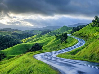 Fototapeta premium Wet road curves through verdant rolling hills.