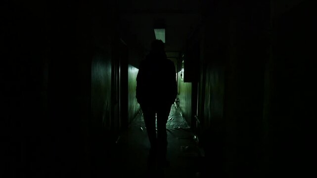 Man in silhouette walking through dark underground tunnel in secret Soviet base. Secret Bunker Is Located 9 Meters Below Ground. Shelter for the Communist Power Elite in the Event of Nuclear War.