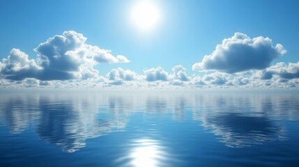 Serene seascape with bright sun and fluffy clouds reflecting on calm water.