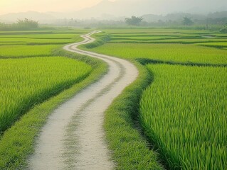 Winding dirt road through vibrant green rice paddies.