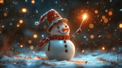 Snowman with a magicians hat and a wand, casting a winter spell, whimsical cartoon art