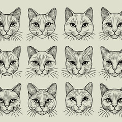 Adobe Illustrator Artwork, Big Set of seamless patterns with cats heads. Vector illustration in doodle style, black and white pet line art pattern with cats. Hand drawn cat clipart.