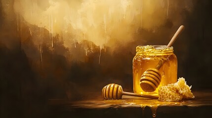 A jar of honey with a wooden spoon dripping into it, next to some fresh beehive pieces on the table