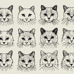 Obraz premium Adobe Illustrator Artwork, Big Set of seamless patterns with cats heads. Vector illustration in doodle style, black and white pet line art pattern with cats. Hand drawn cat clipart.