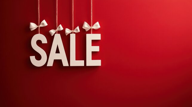 White SALE sign with bows on red background.