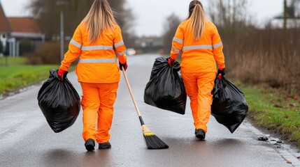 Urban workers in vibrant orange uniforms cleaning the streets with black garbage bags and brooms
