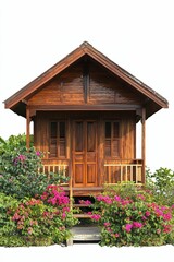 Wooden house, flowers, steps, tropical plants.