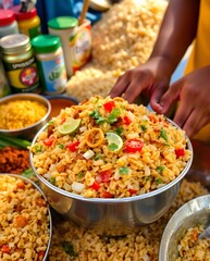 A colorful bowl of Bhel Puri, a popular Indian street food, made with puffed rice, sev, onions, tomatoes, lime, and coriander. Served fresh in a metal bowl, it's vibrant, tangy, and full of flavor.