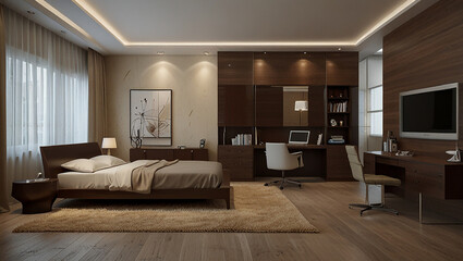 Fototapeta premium A stylish bedroom design with a cozy bed, a minimalist desk, and a wall-mounted TV for a contemporary living space.