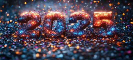 Cluster of Numbers Illuminated by Lights Happy New Year 2025
