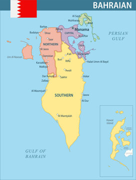 Bahrain Map Vector New 2024 Colorful - Customizable layered political map of Bahrain with administrative divisions for website, education, reports, news, politics, print, poster and wallpaper
