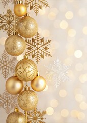 christmas background with golden balls and golden snowflakes