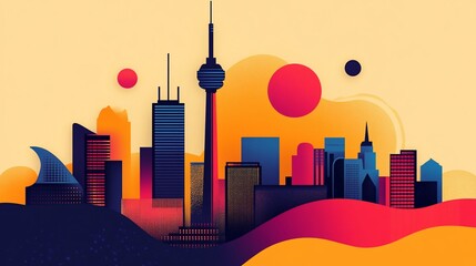 Abstract cityscape skyline, vibrant colors, modern design, stylized illustration of Toronto city.