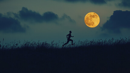 Silhouette Runner Moonlit Landscape: Nighttime Fitness, Determination, Endurance