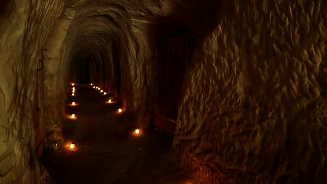 Long, Straight Cave with Side Niches, with Burning Candles Lined Along the Edges. A Cave or Cavern is a Natural Void Under the Earths Surface or Artificial, Carved into Rocks by People.