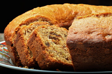 A food shot of a homemade Date and walnut cake for Christmas celebration.