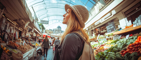 Fototapeta premium French Market Woman: Fisheye View of Colorful Produce and Culture