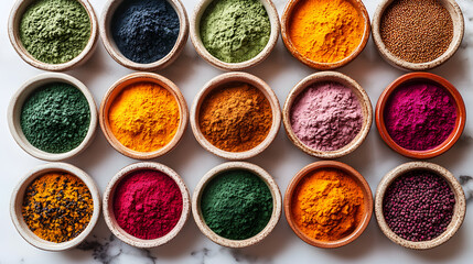 An Eye-Catching Superfood Powder Display Celebrating Vibrant Colors and Their Health Benefits for Vitality and Well-Being