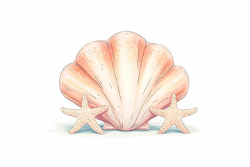 Fototapeta premium Elegant Shell with Two Starfish on a Light Background for Coastal and Beach Themes