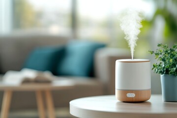 Essential oil diffuser creating aromatic mist in a cozy living room during daytime