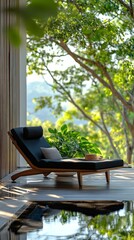 Fototapeta premium Serenity by the Water in a Modern Outdoor Lounge Space Surrounded by Lush Greenery