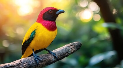 Fototapeta premium Vivid red, yellow, and black bird perched on branch.