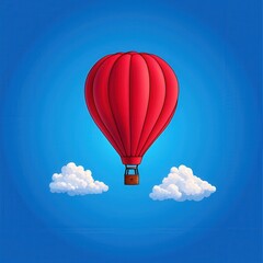 Obraz premium Bright Red Hot Air Balloon Gliding Through a Clear Sky with Fluffy White Clouds in a Peaceful and Dreamy Atmosphere Ideal for Adventurous and Tranquil Themes
