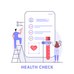 Health Check Up Concept Web Banner. Medical Doctor Examining or Checking Patient. Concept of Blood analysis, Health Insurance, Medical Report. Vector illustration for Web Design