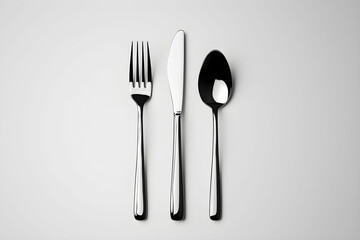 Elegant Set of Stainless Steel Cutlery Including Fork, Knife, and Spoon on Minimalist Background