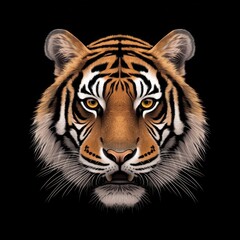 Fototapeta premium Majestic Tiger Portrait with Striking Facial Details on Black Background Capturing the Essence of Wild Beauty and Power in a Stunning Illustration
