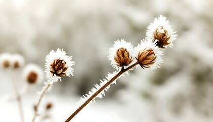 A perfect blend of natural textures and serene atmosphere in the world of frost-covered flowers during winter.