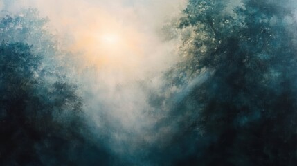 Fototapeta premium Sunlit Foggy Forest Morning Landscape Painting