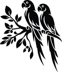 Two parrot branch vector silhouette on white background.
