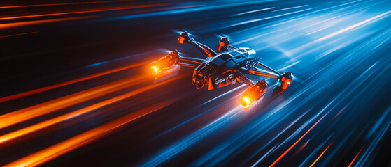Futuristic Drone Racing: High-Speed Flight, Blue Orange Neon Lights, 3D Render