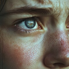 Close-up eye, freckles, pale skin,  soft focus.