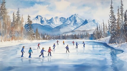 Watercolor art of children skating on ice amidst a winter forest and mountains, showcasing playful activity in nature