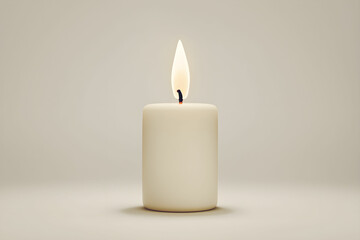 Simple Elegant White Candle with Soft Flame Burning on Neutral Background for Relaxation and Meditation Atmosphere