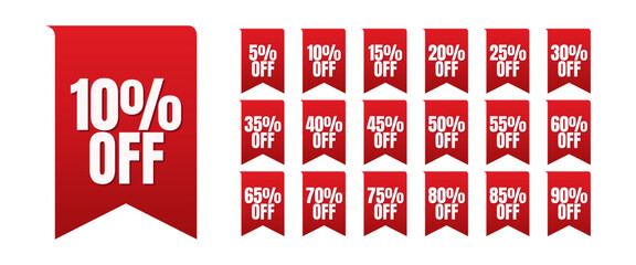 Set of discount labels in red ribbon shape. 5, 10, 15, 20, 25, 30, 35, 40, 45, 50, 55, 60, 65, 70, 75, 80, 85, 90 percent off.