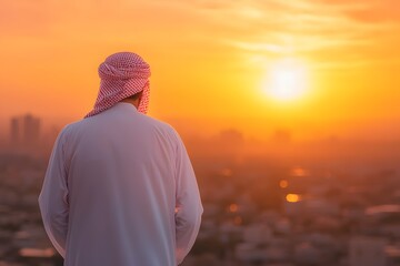 Rear View of an Arab Man in Traditional Clothing, Featuring a Long Robe and Head Covering, Set Against a Cultural or Desert Landscape