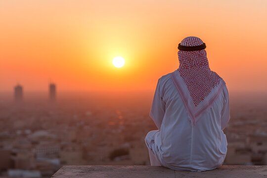 Rear View of an Arab Man in Traditional Clothing, Featuring a Long Robe and Head Covering, Set Against a Cultural or Desert Landscape