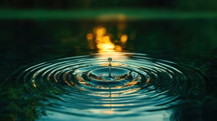 Water droplet falling on calm water, creating concentric ripples reflecting sunset.