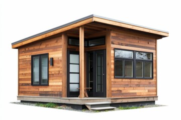 Wooden structure, pitched roof, small deck, steps.