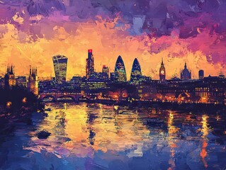 Naklejka premium London cityscape sunset, impasto style.