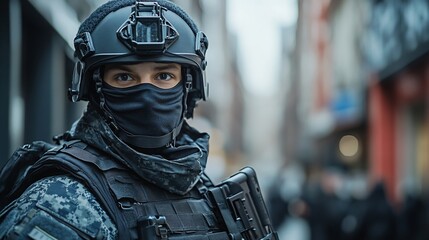 Fototapeta premium Close-up portrait of a tactical officer in urban setting.
