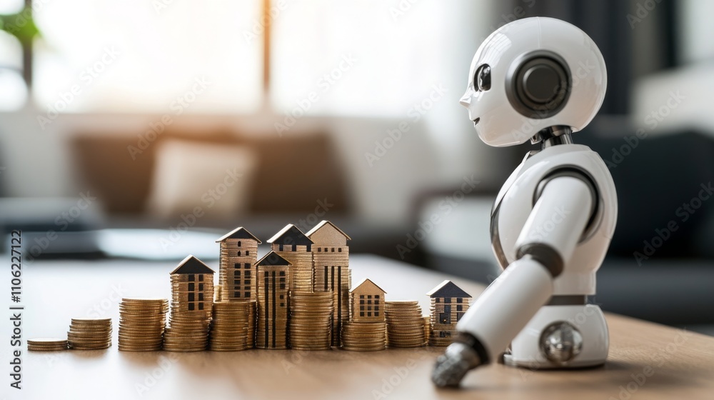 Poster A robotic figure interacts with miniature houses and stacks of coins, symbolizing the integration of AI in real estate investment.