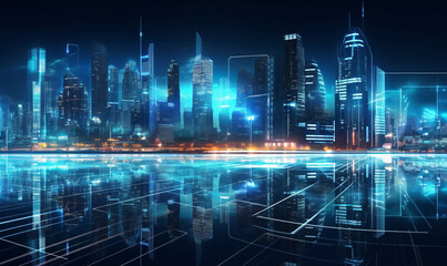 Modern transport infrastructure. Neon technology background. Night life. Smart futuristic city big data technology concept.